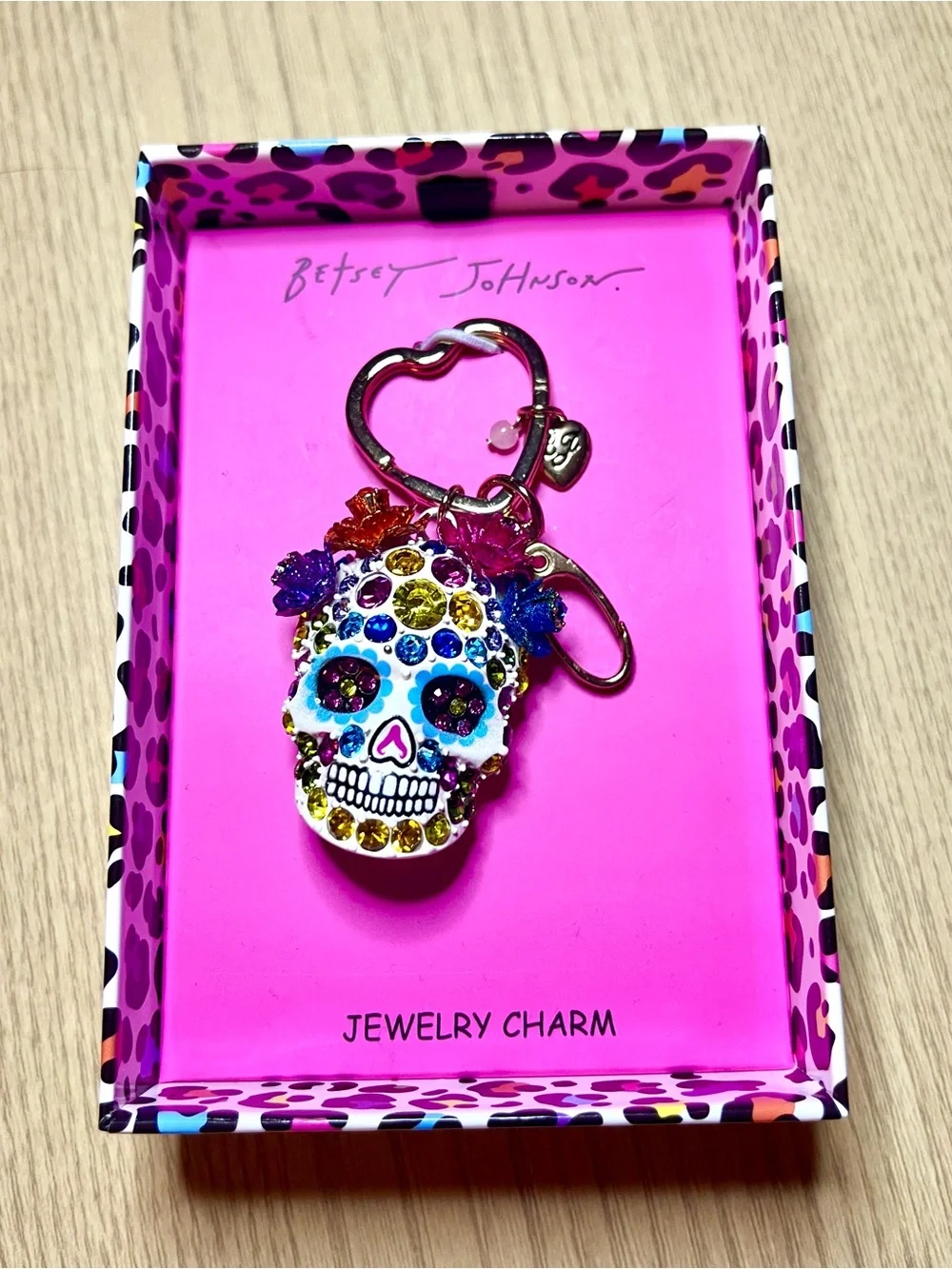 Betsey Johnson White Sugar Skull Bag Charm Keychain with Multicolor Stones - NWT